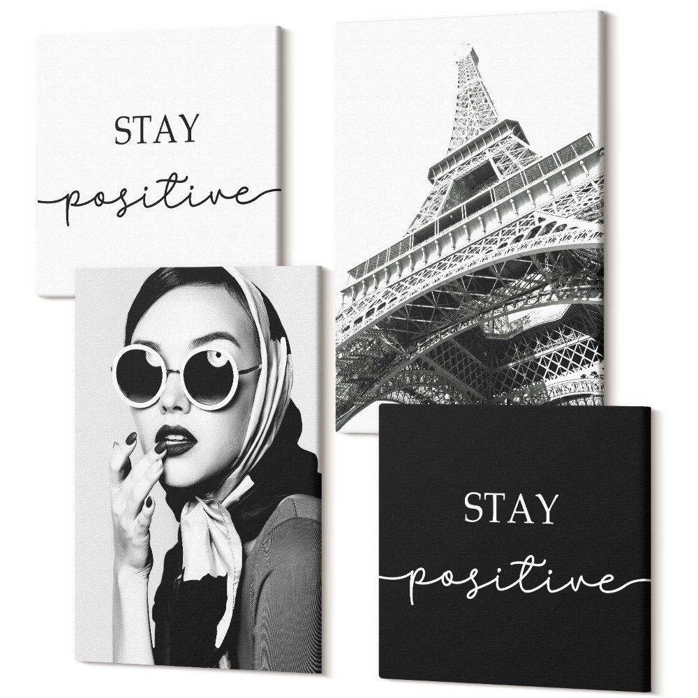Zestaw obrazów 4 części kwadryptyk Portrety francuski wieża Eiffla inspirujące hasła