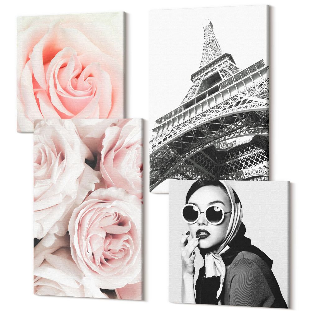 Zestaw obrazów kwadryptyk na ścianę Róże modny portret kobiety wieża Eiffla w Paryżu