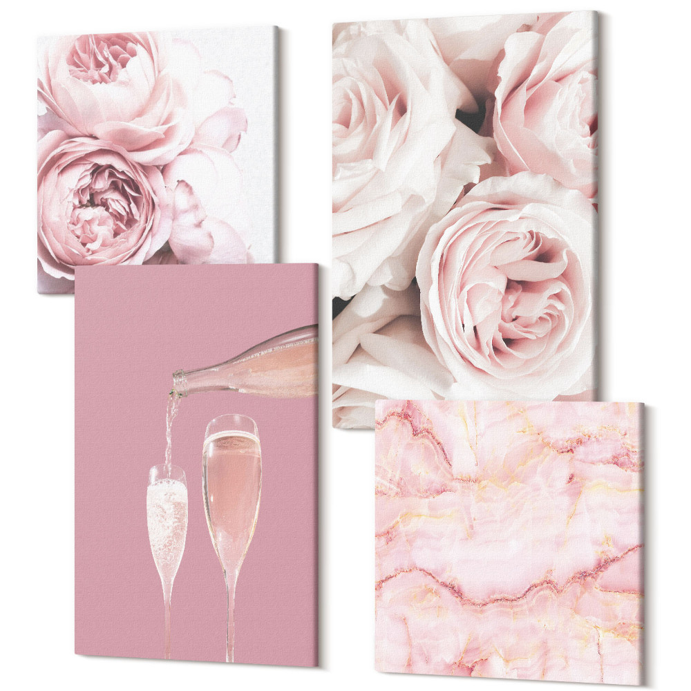 Zestaw obrazów 4 części kwadryptyk Róże szampan i marmurowe tło w pastelowych kolorach