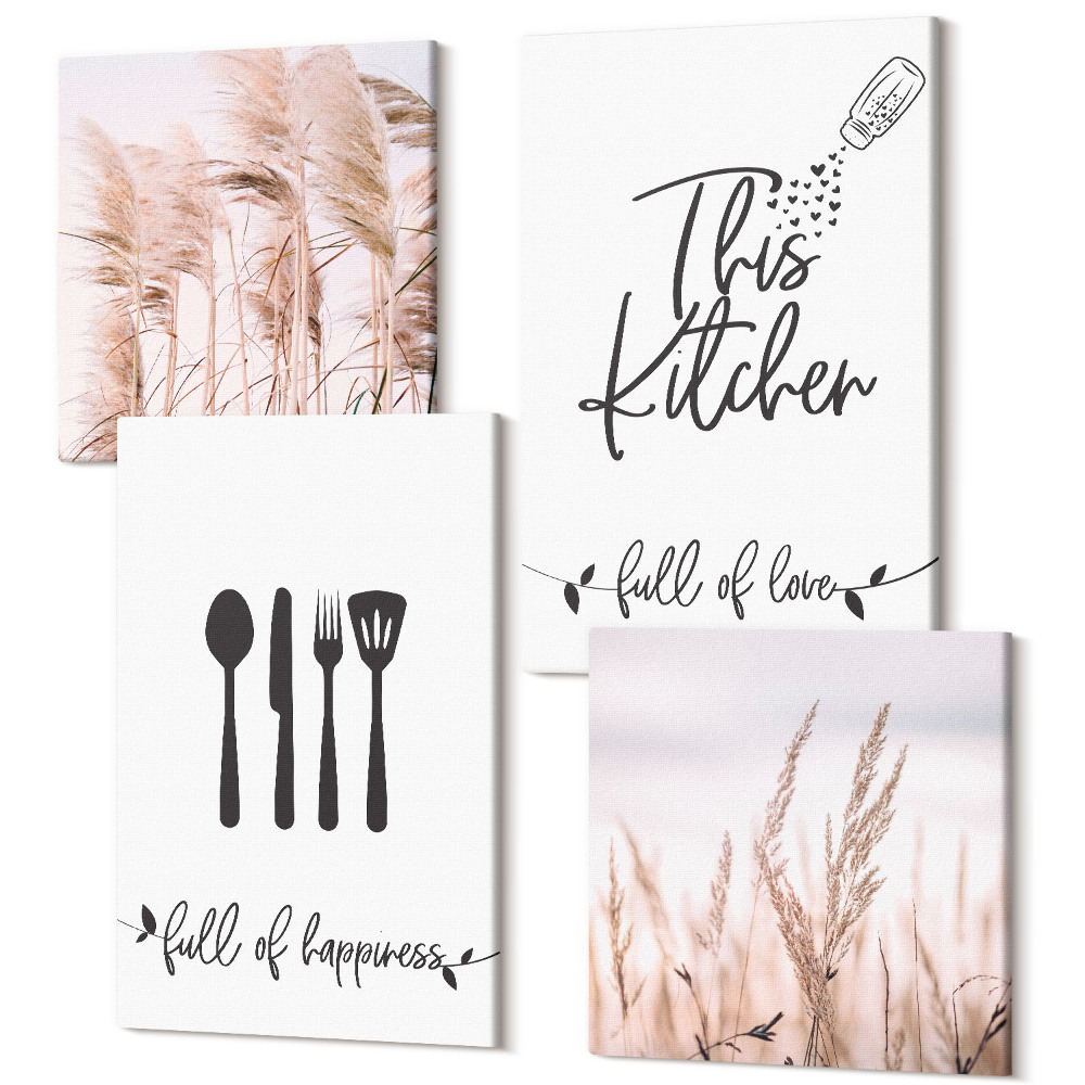 Zestaw obrazów 4 części kwadryptyk Kuchenne napisy delikatne boho trawy
