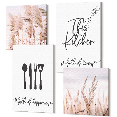 Zestaw obrazów 4 części kwadryptyk Kuchenne napisy delikatne boho trawy