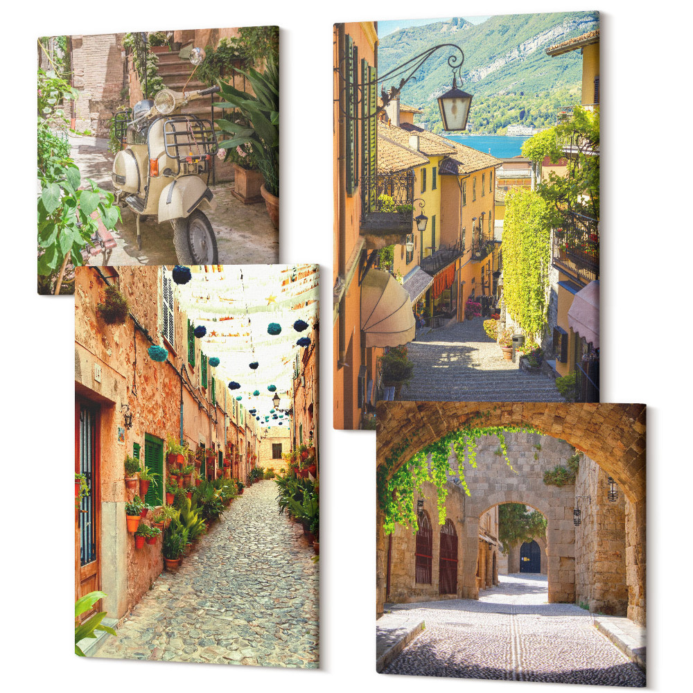 Zestaw obrazów na płótnie kwadryptyk Urokliwe uliczki z roślinnością oraz włoska pizza