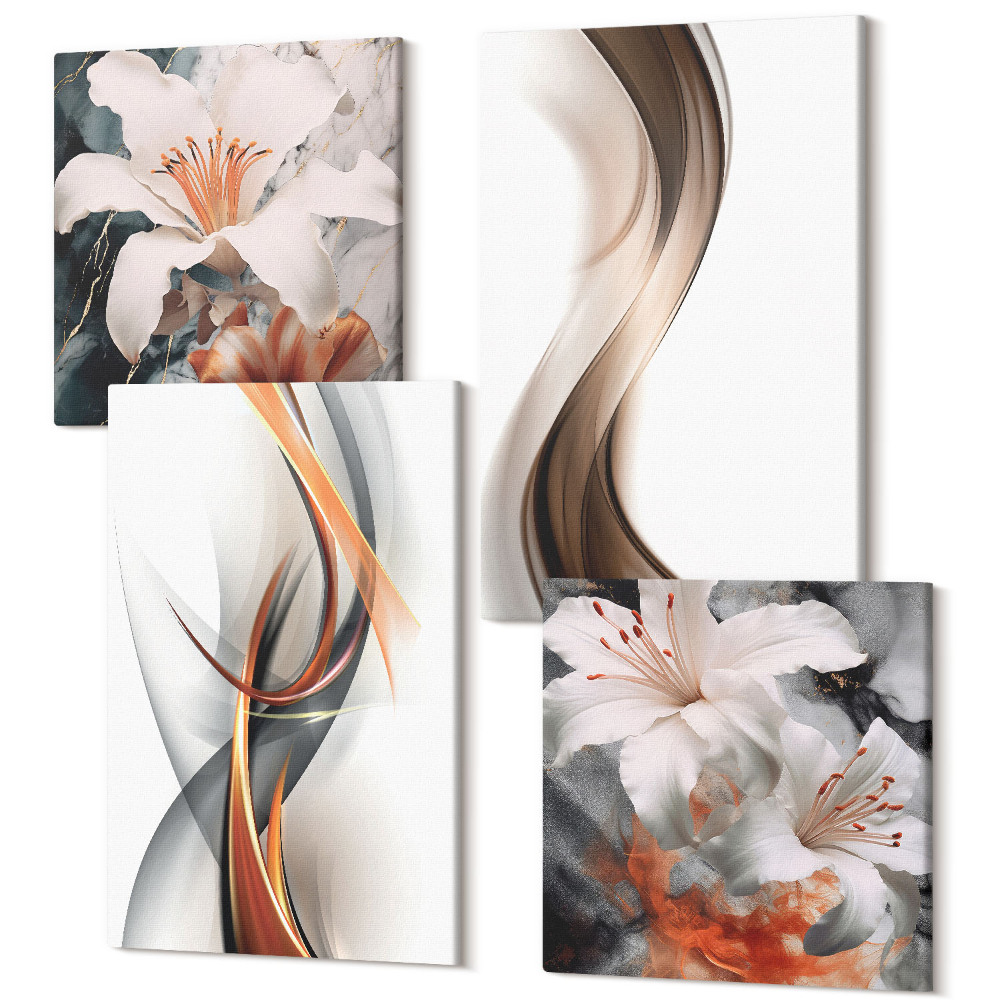 Zestaw obrazów kwadryptyk na ścianę Fale w odcieniach żółtego szarości i brązu