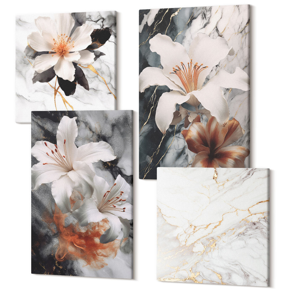 Zestaw obrazów kwadryptyk na ścianę Kwiaty na tle marmuru w odcieniach bieli i czerni