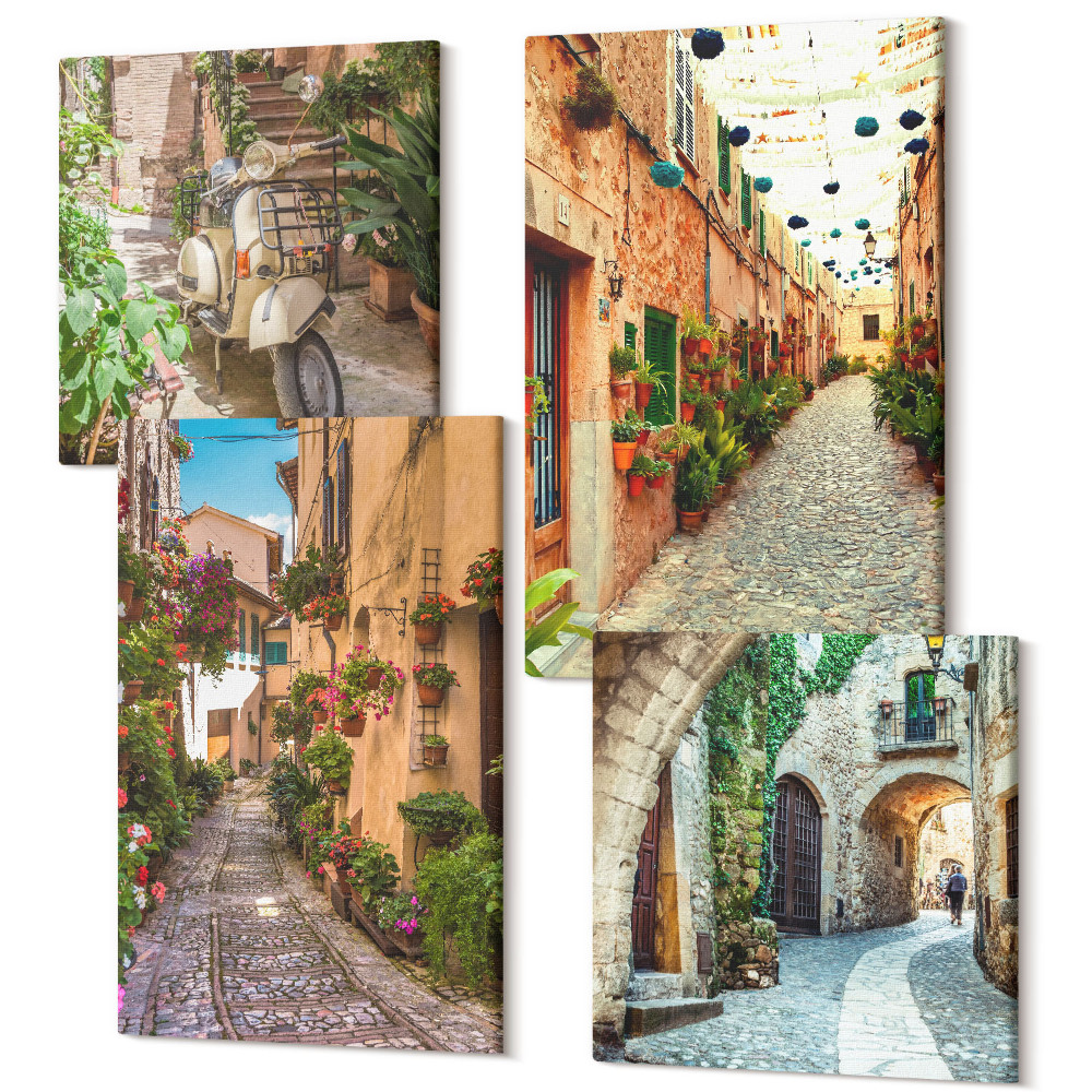 Zestaw obrazów na płótnie kwadryptyk Urokliwe uliczki z kwiatami we włoskim klimacie