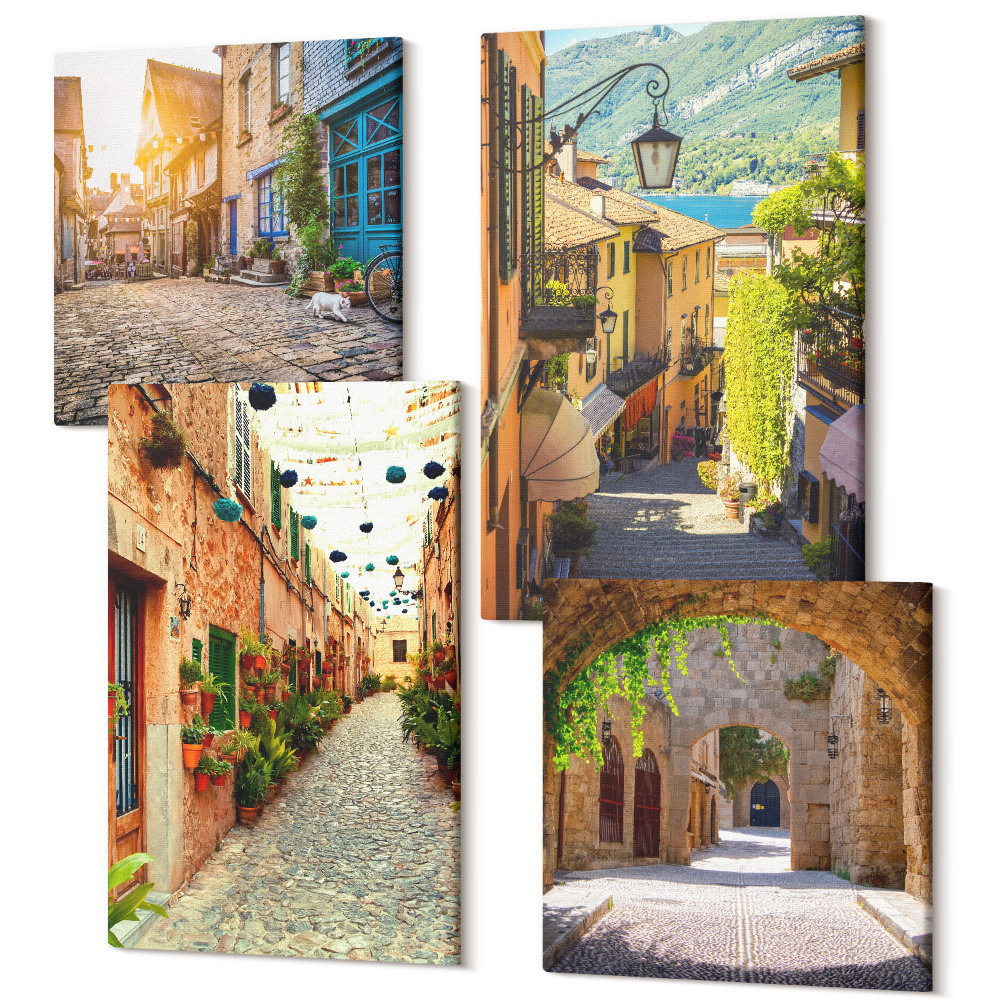 Zestaw obrazów 4 części kwadryptyk Urokliwe uliczki z kamiennymi budynkami i bramami