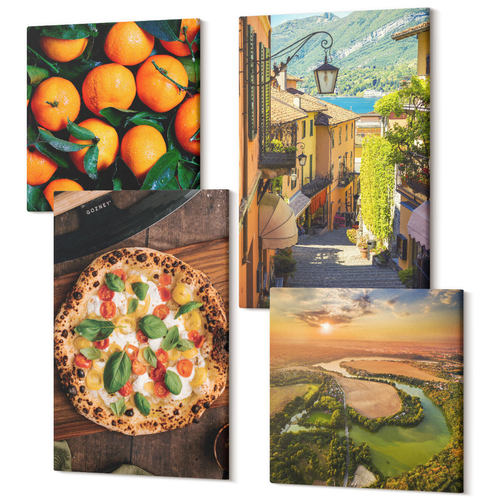Zestaw obrazów na płótnie kwadryptyk Włoskie krajobrazy z rzeką wzgórzami i miejską uliczką