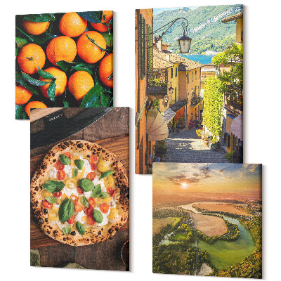 Zestaw obrazów na płótnie kwadryptyk Włoskie krajobrazy z rzeką wzgórzami i miejską uliczką