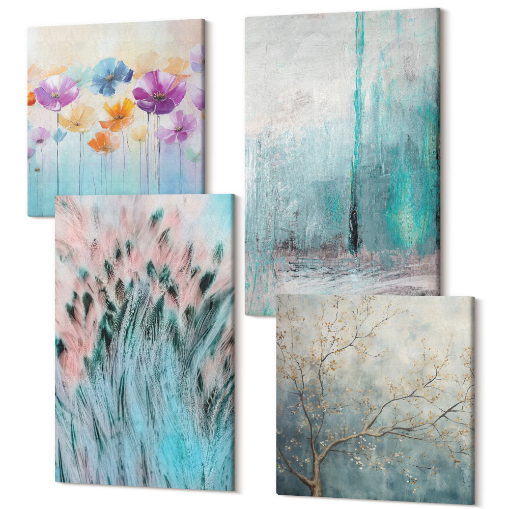 Zestaw obrazów na płótnie kwadryptyk Kwiaty na tle pastelowych barw i delikatnych wzorów