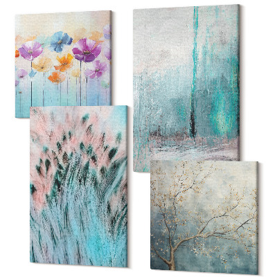 Zestaw obrazów na płótnie kwadryptyk Kwiaty na tle pastelowych barw i delikatnych wzorów