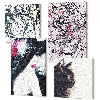 Zestaw obrazów kwadryptyk na ścianę Abstrakcyjne wzory farb kobieta w kapeluszu kot