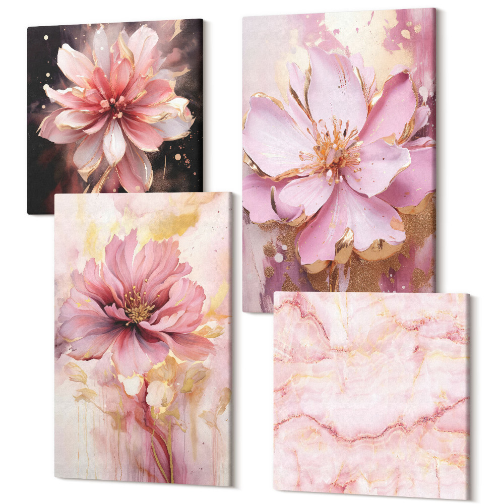 Zestaw obrazów 4 części kwadryptyk Kwiatowe kompozycje w odcieniach różu i bieli