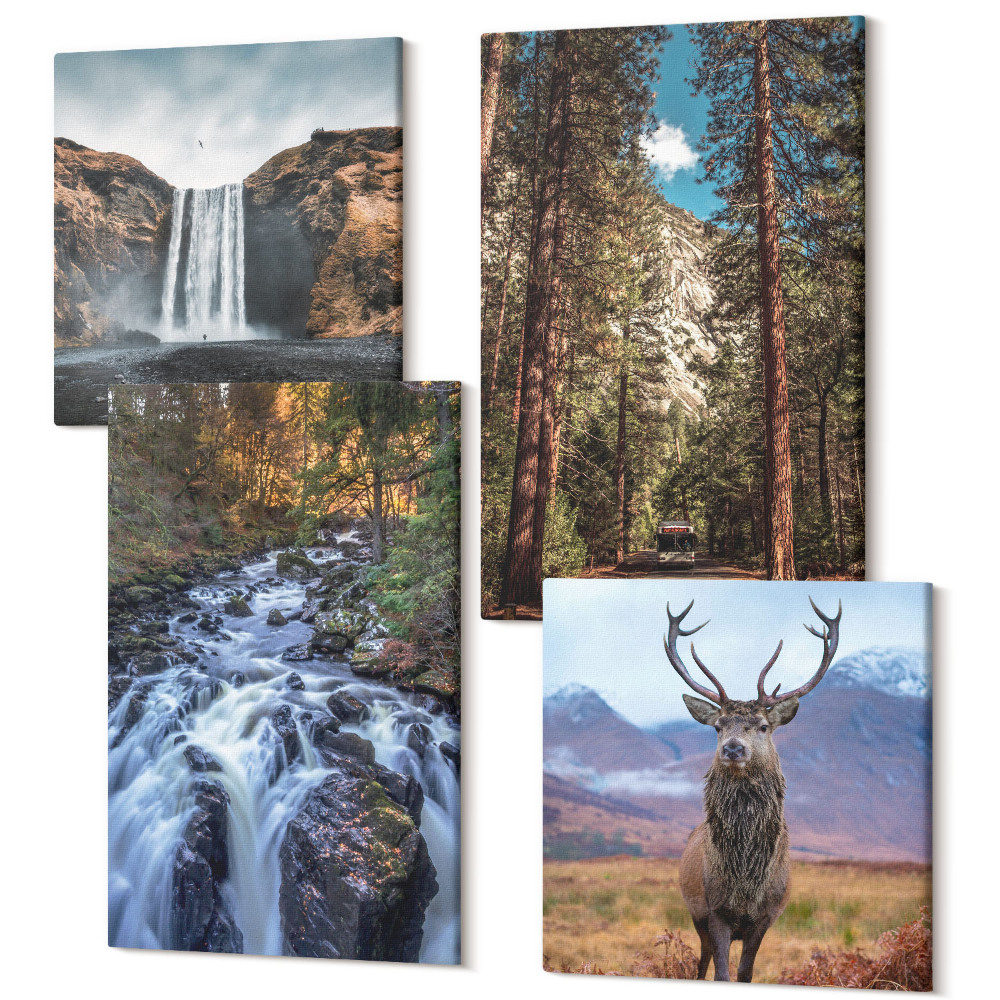 Zestaw obrazów 4 części kwadryptyk Wodospad w lesie góry i jeleń w naturze