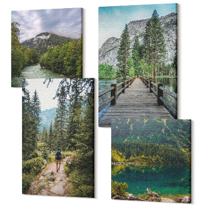 Zestaw obrazów kwadryptyk na ścianę Góry jeziora lasy i ścieżki w naturze