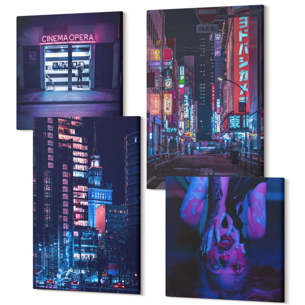 Zestaw obrazów kwadryptyk na ścianę Nocne miasto z neonami i kinowym wejściem