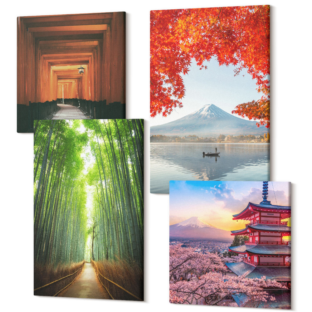 Zestaw obrazów kwadryptyk na ścianę Las bambusowy góra Fuji ścieżka torii architektura Japonii