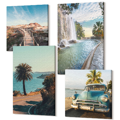 Zestaw obrazów 4 części kwadryptyk Wakacyjne krajobrazy z palmami i wodospadem