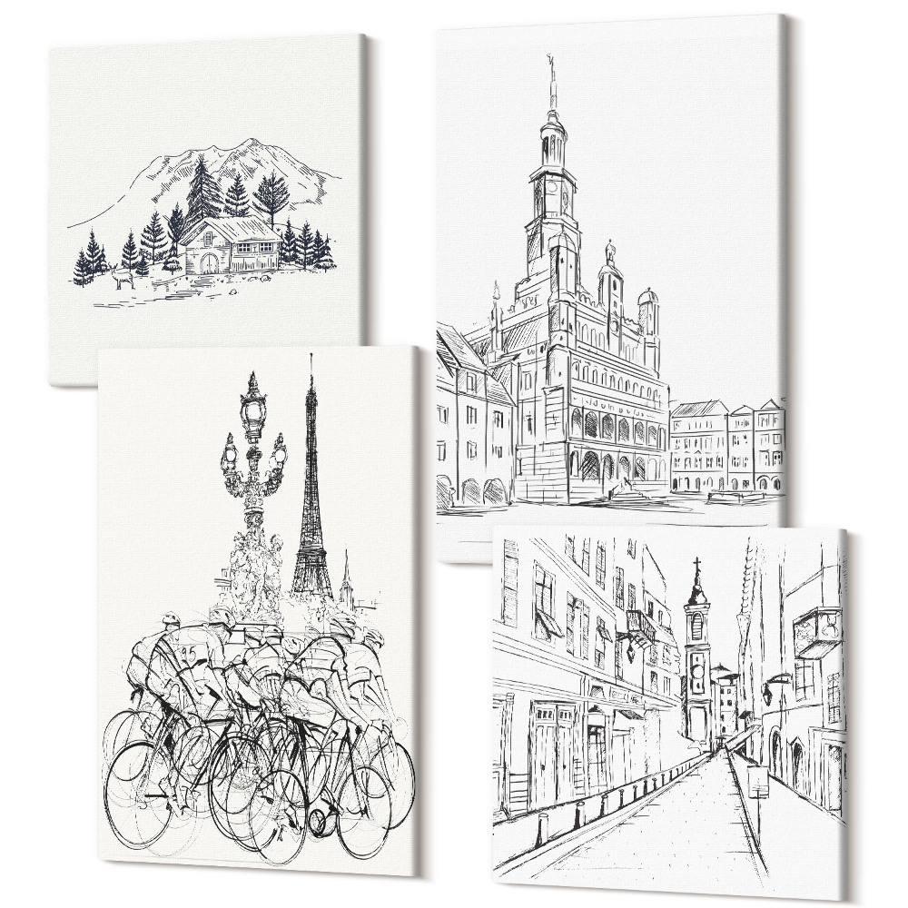 Zestaw obrazów na płótnie kwadryptyk Proste rysunki miejskich widoków
