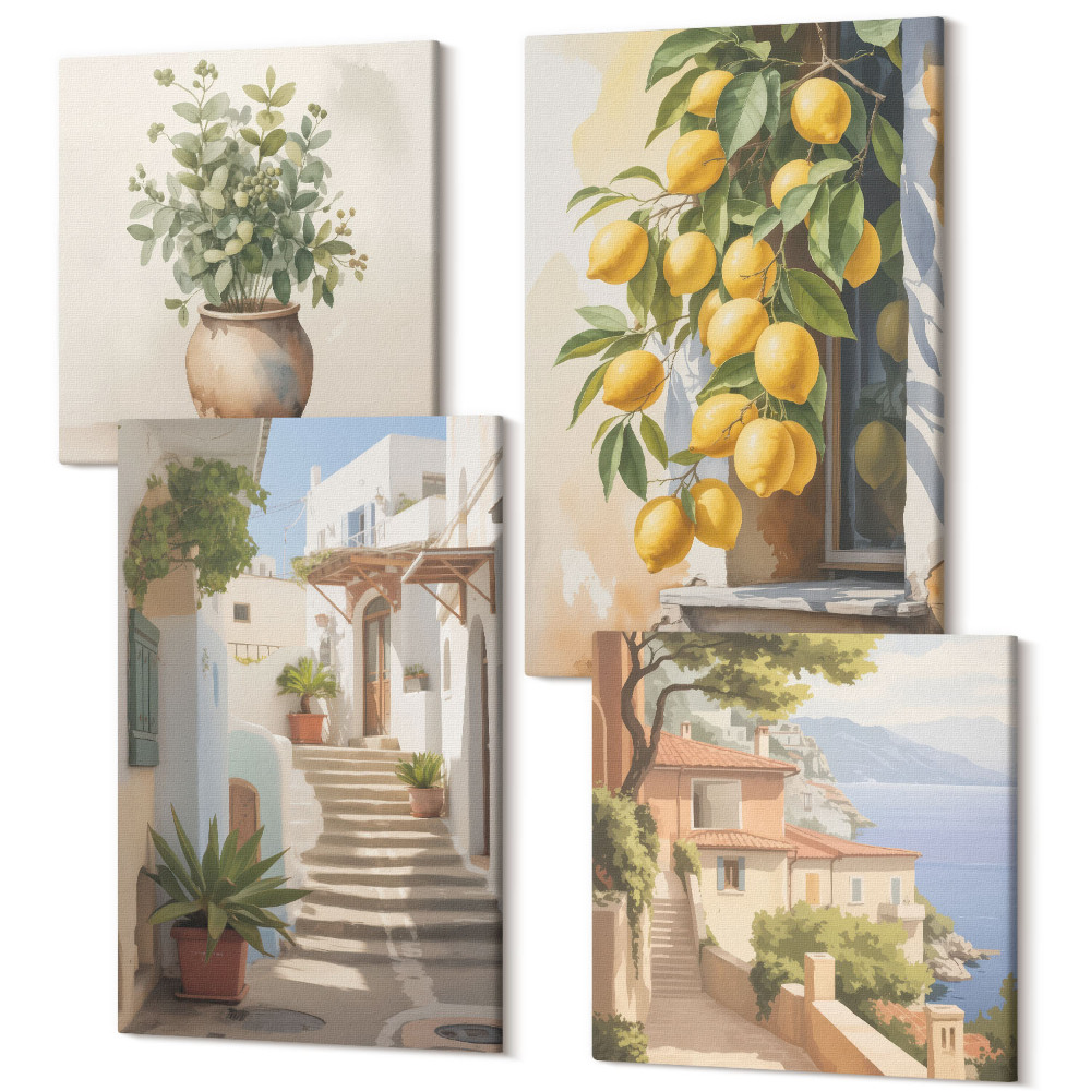 Zestaw obrazów na płótnie kwadryptyk Rośliny w donicach i cytryny na tle uliczki