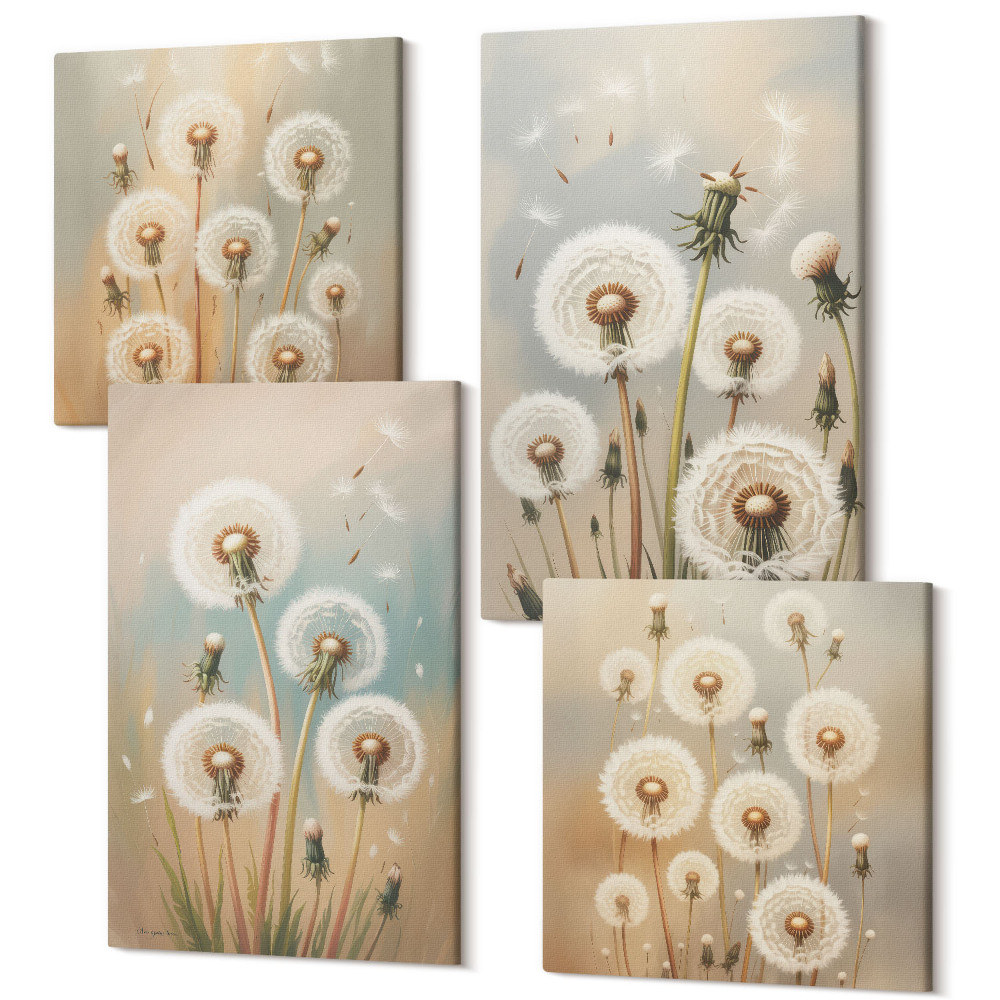 Zestaw obrazów kwadryptyk na ścianę Kwiaty dmuchawców na tle pastelowych kolorów