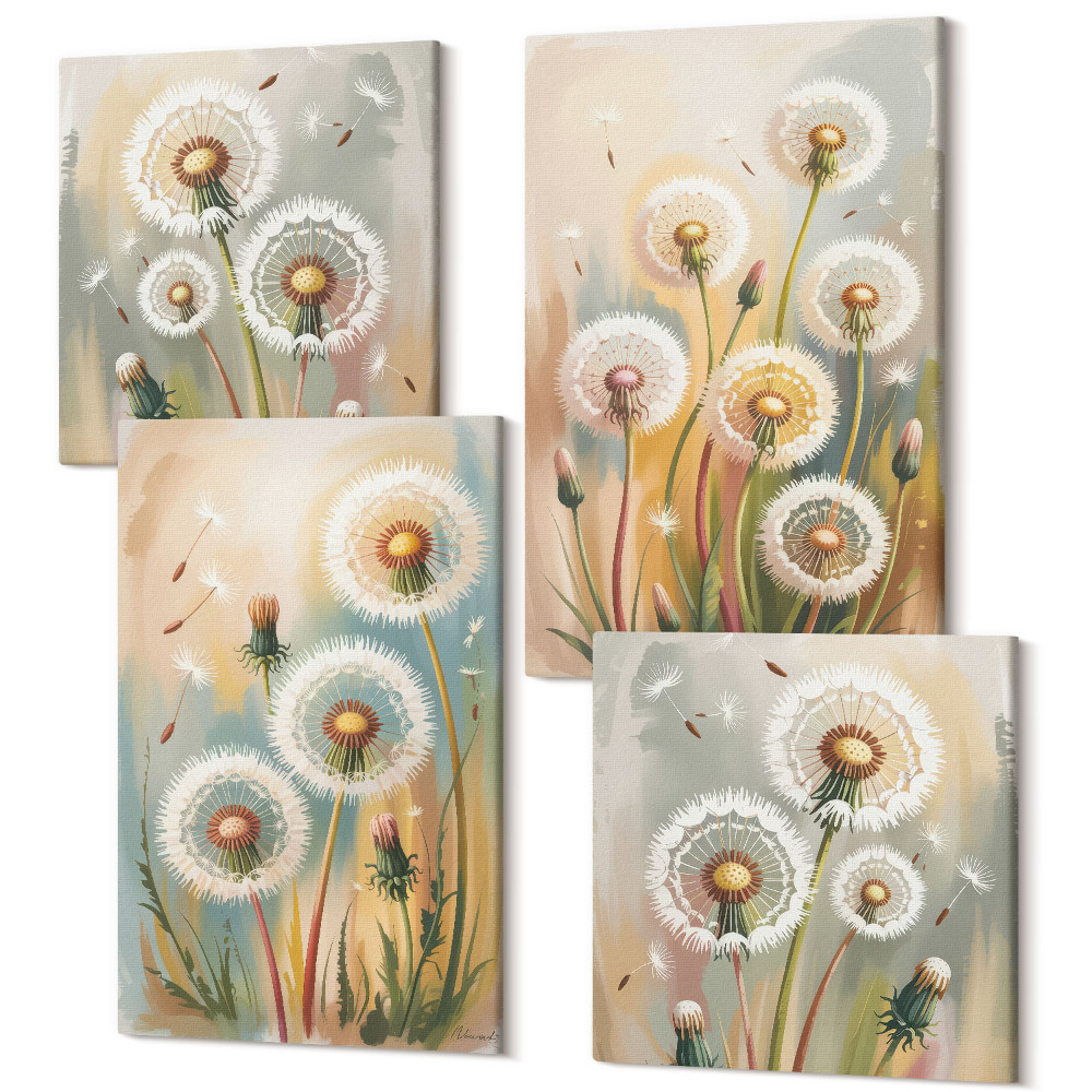 Zestaw obrazów 4 części kwadryptyk Kwiaty dmuchawców na tle pastelowych traw
