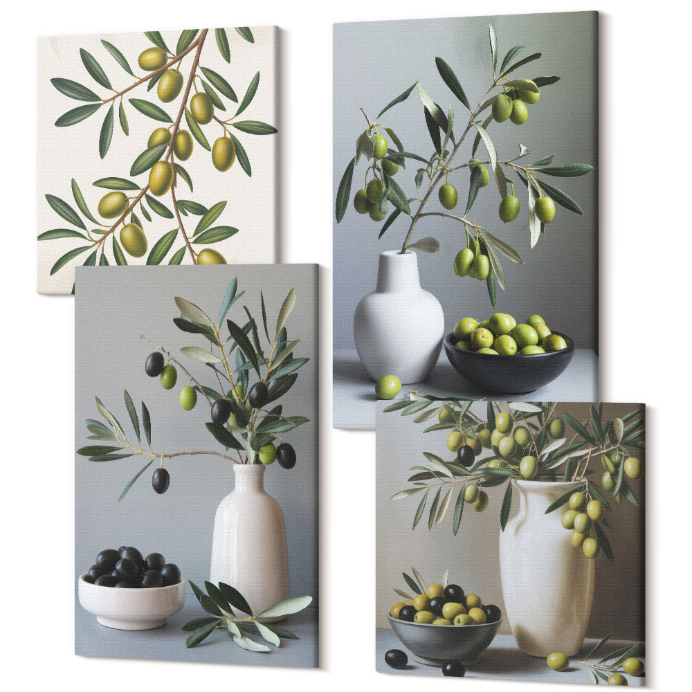 Zestaw obrazów na płótnie kwadryptyk Oliwki w wazonach na tle stonowanych kolorów