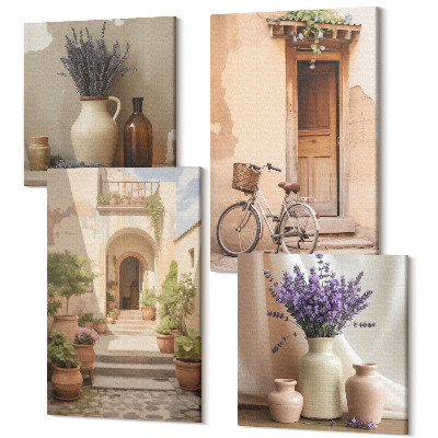 Zestaw obrazów 4 części kwadryptyk Kwiaty lawendy oliwki i włoska architektura