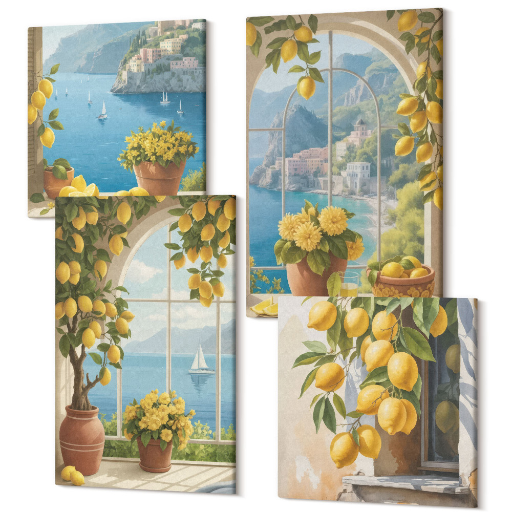 Zestaw obrazów 4 części kwadryptyk Krajobrazy morza z włoskimi cytrynami w oknach
