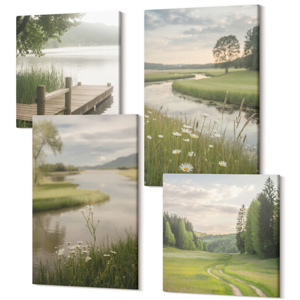 Zestaw obrazów 4 części kwadryptyk Spokojne krajobrazy lata z rzeką i łąką kwiatów