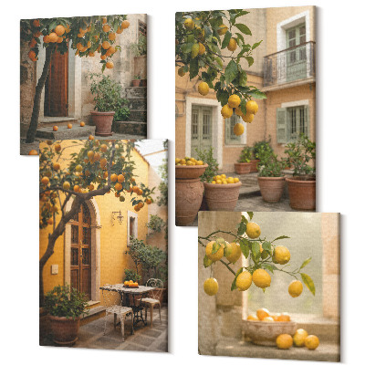 Zestaw obrazów kwadryptyk na ścianę Ogród z drzewami cytrusowymi w słonecznym otoczeniu