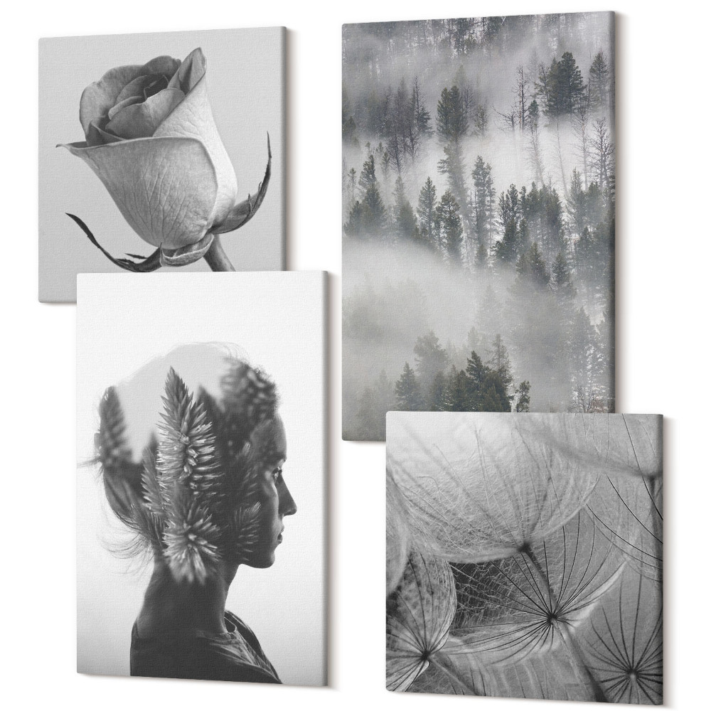 Zestaw obrazów na płótnie kwadryptyk Melancholijny las we mgle portret kobiety rośliny