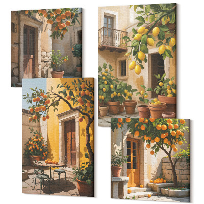 Zestaw obrazów kwadryptyk na ścianę Owoce cytrusowe w słonecznym dziedzińcu z roślinami