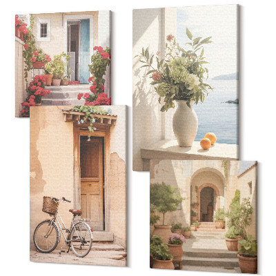 Zestaw obrazów 4 części kwadryptyk Urokliwe nadmorskie uliczki z kwiatami i rowerem