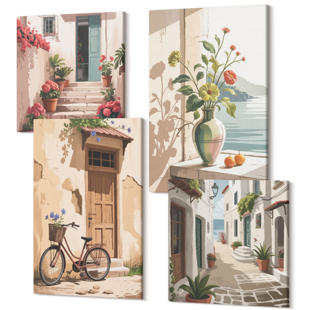Zestaw obrazów na płótnie kwadryptyk Malowane uliczki z kwiatami i rowerem