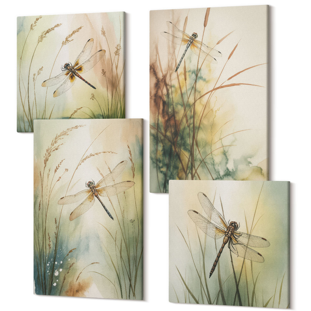 Zestaw obrazów 4 części kwadryptyk Malowane trawy z ważkami nad wodą
