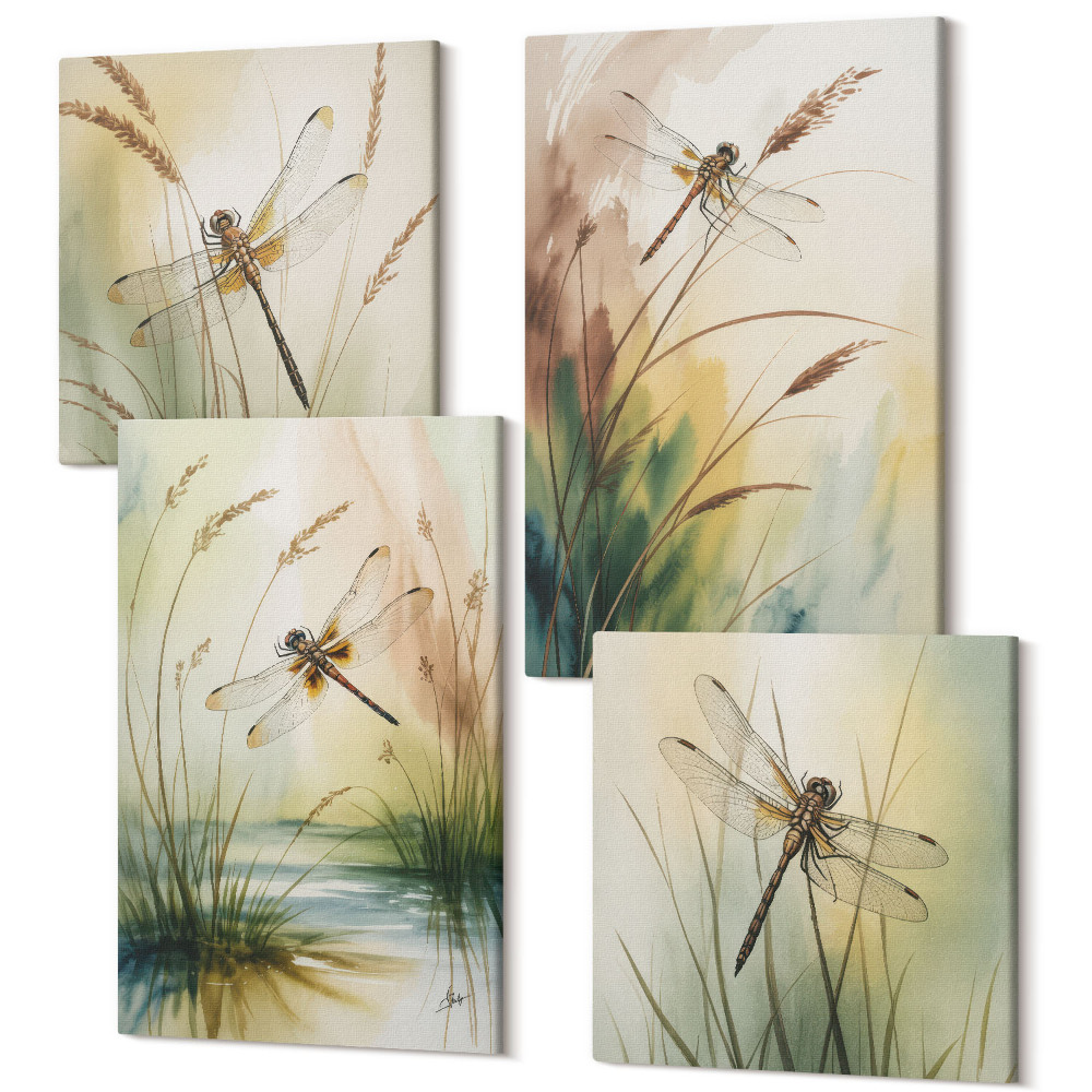 Zestaw obrazów na płótnie kwadryptyk Ważki wśród traw nad wodą w malarskim stylu