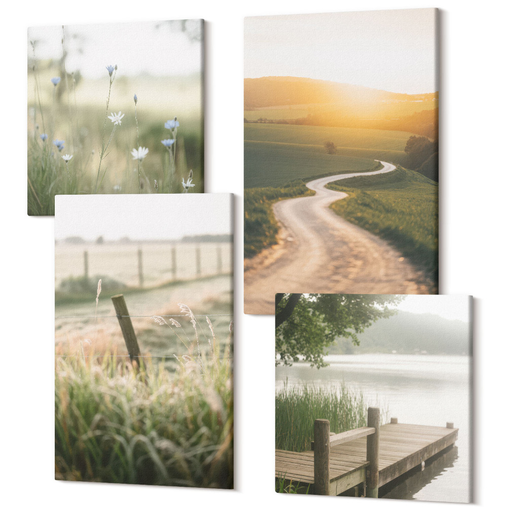 Zestaw obrazów kwadryptyk na ścianę Krajobraz z łąką drogą i zachodem słońca