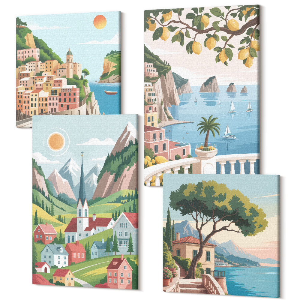 Zestaw obrazów kwadryptyk na ścianę Malownicze krajobrazy z morzem i cytrusami