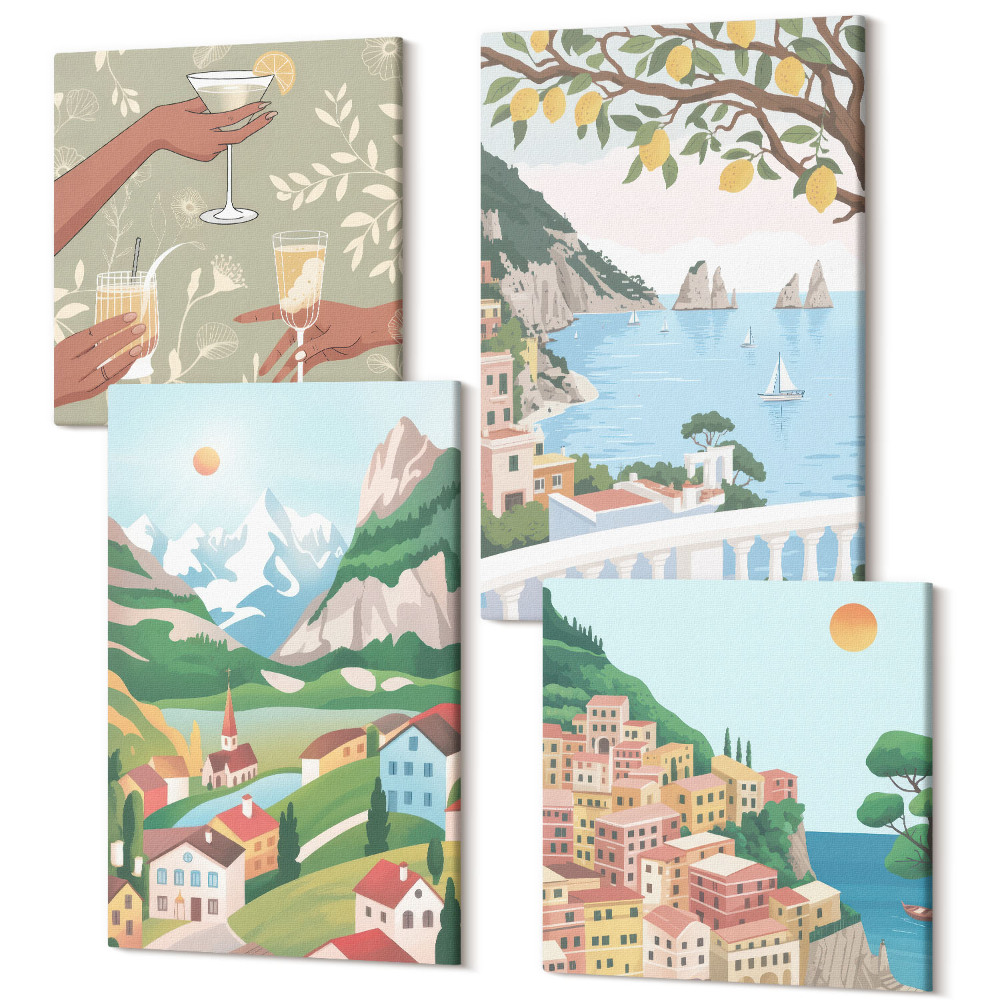 Zestaw obrazów 4 części kwadryptyk Widoki nadmorskie z domami w kolorach pastelowych