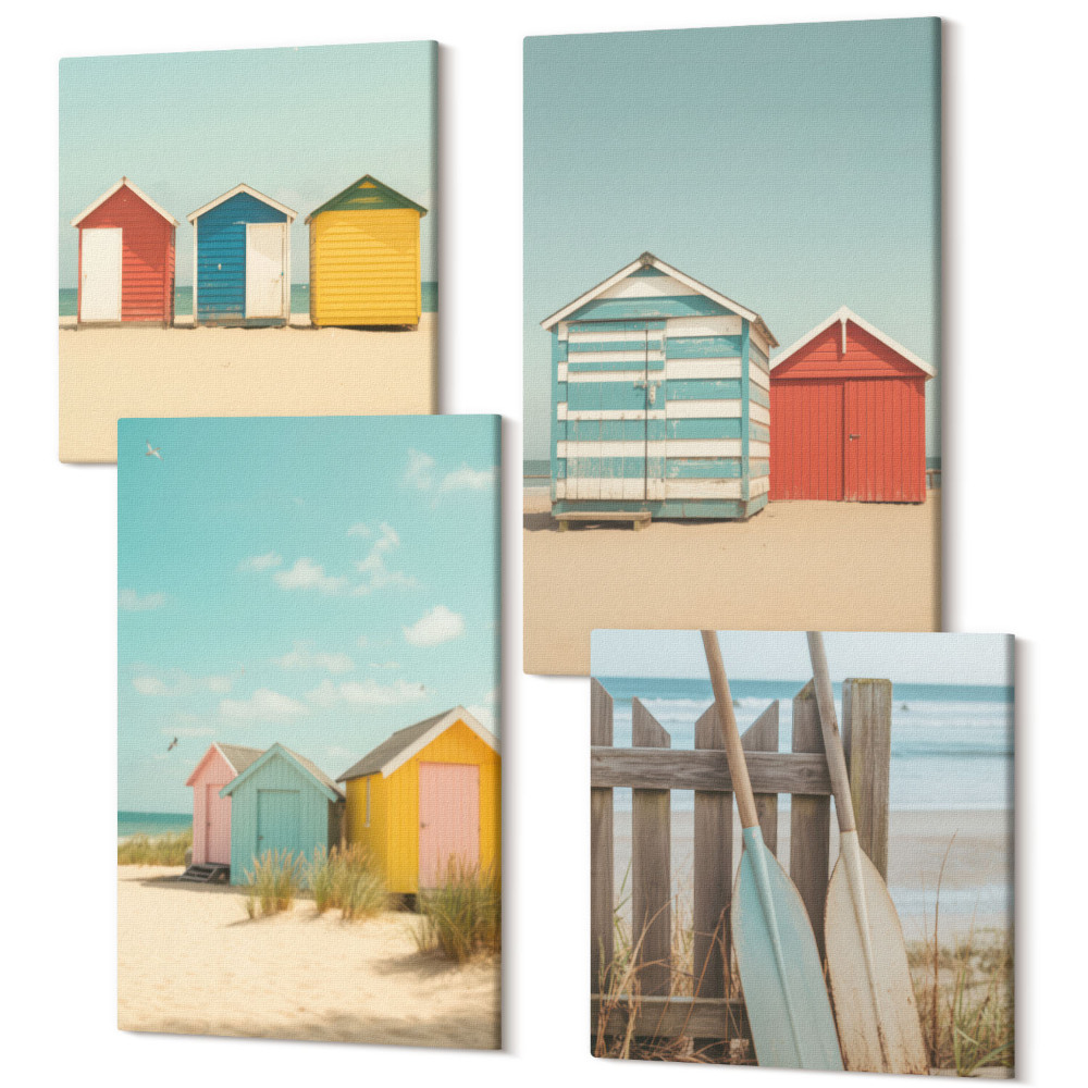 Zestaw obrazów kwadryptyk na ścianę Kolorowe domki na plaży w słoneczny dzień