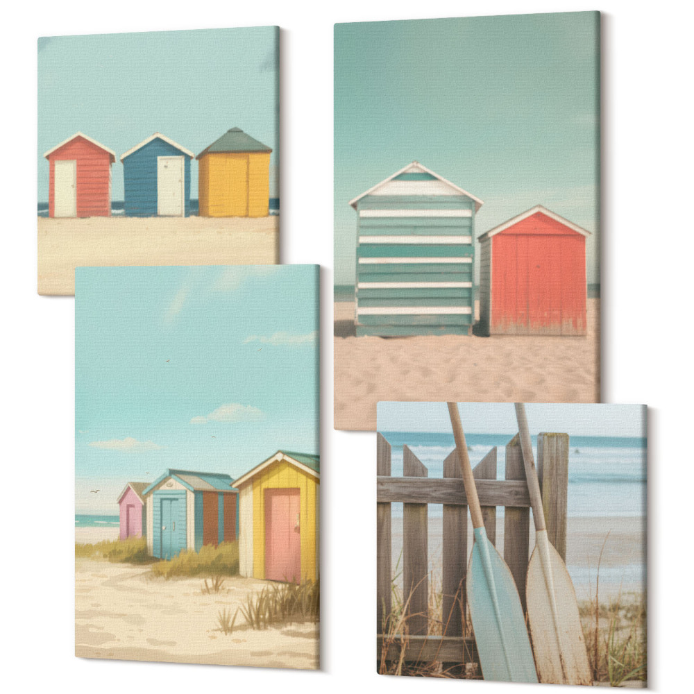 Zestaw obrazów 4 części kwadryptyk Kolorowe domki na plaży w letnim słońcu