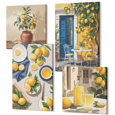 Zestaw obrazów na płótnie kwadryptyk Cytrynowy ogród z cytrynami i napojami na stole