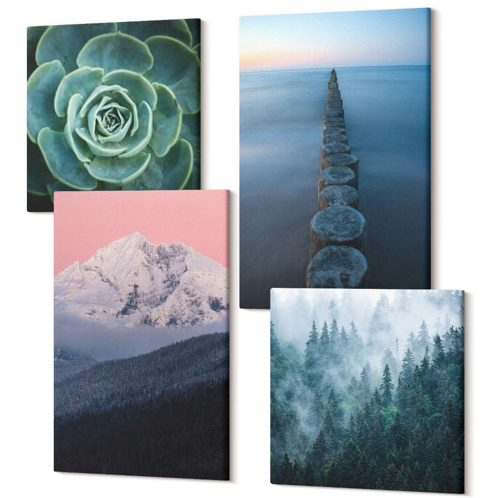 Zestaw obrazów 4 części kwadryptyk Góry z różowym niebem woda i zielony sukulent
