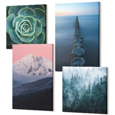Zestaw obrazów 4 części kwadryptyk Góry z różowym niebem woda i zielony sukulent