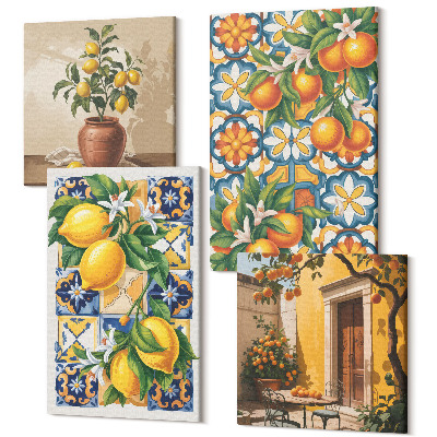 Zestaw obrazów kwadryptyk na ścianę Kwiaty cytryny i pomarańcze w kolorowych wzorach