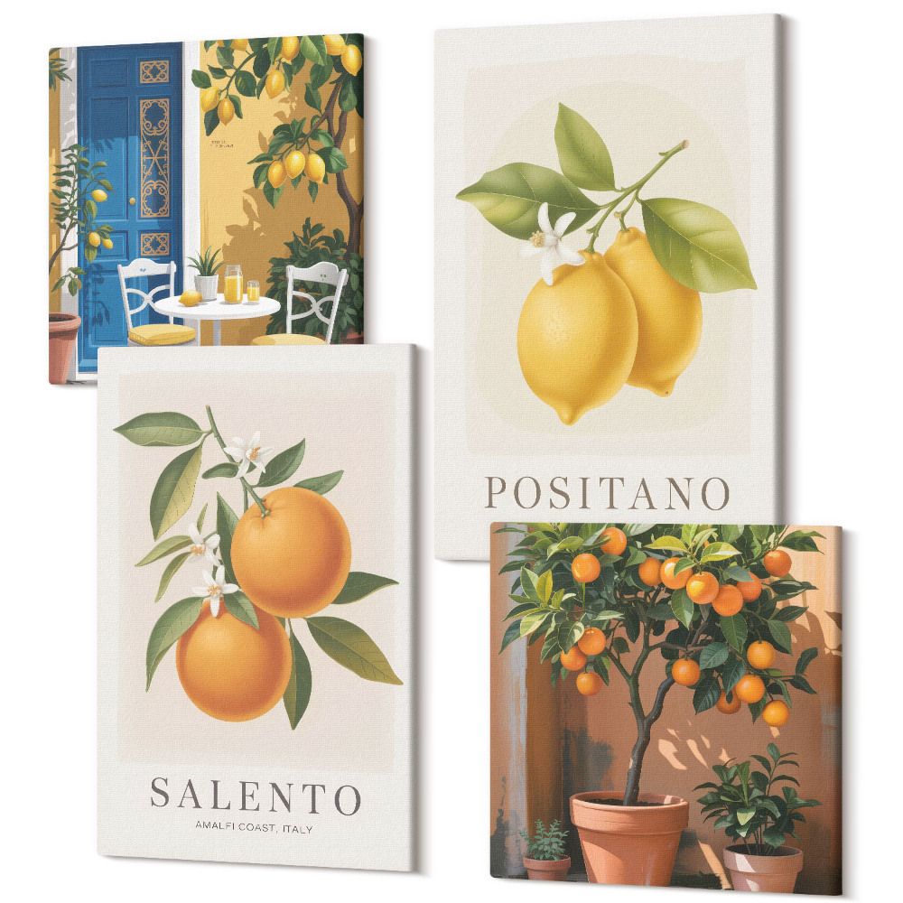 Zestaw obrazów 4 części kwadryptyk Cytryny pomarańcze miasteczko włoskiego wybrzeża Amalfi