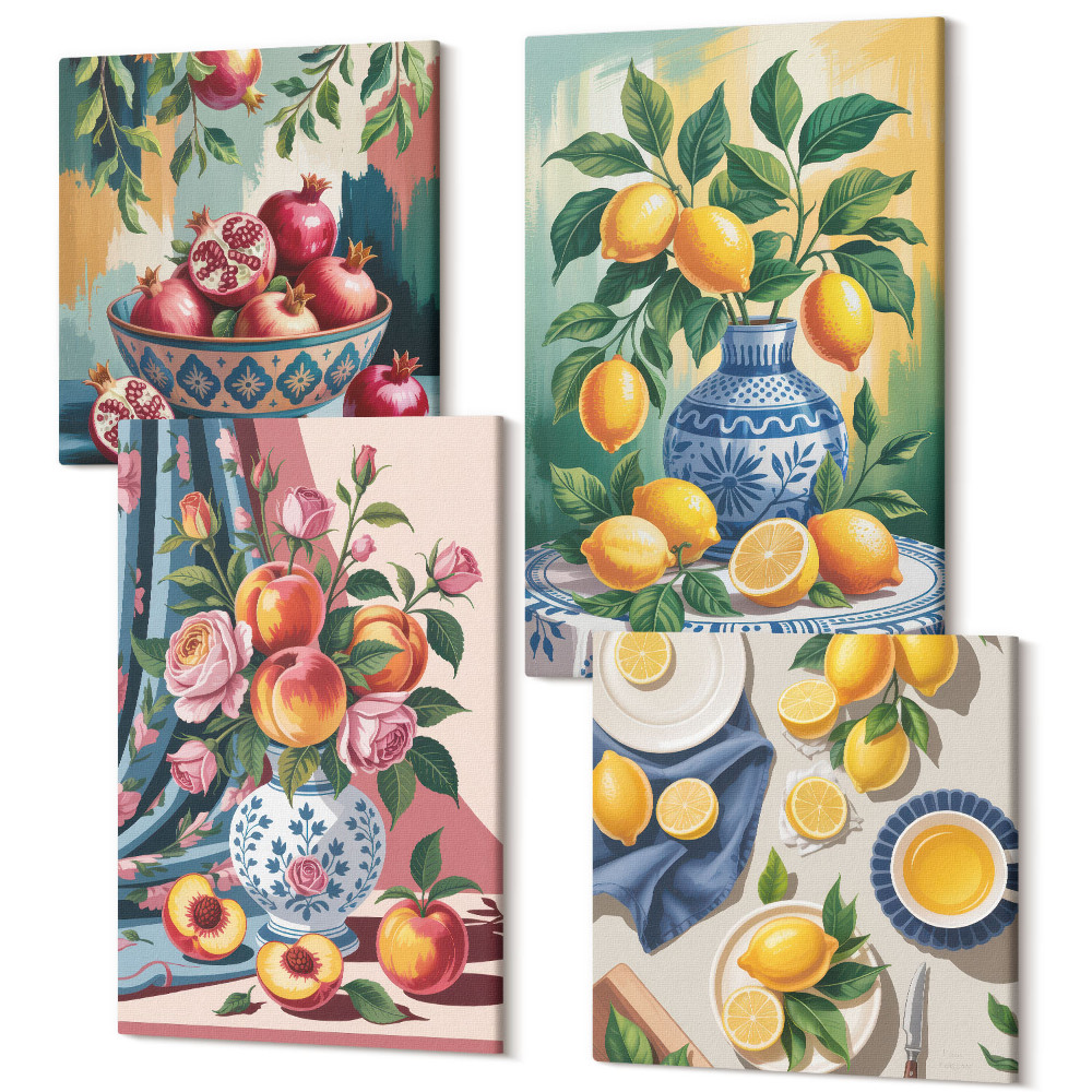 Zestaw obrazów 4 części kwadryptyk Malowane kwiaty i owoce w wazonach