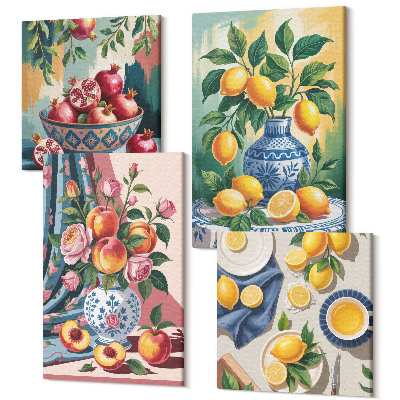 Zestaw obrazów 4 części kwadryptyk Malowane kwiaty i owoce w wazonach