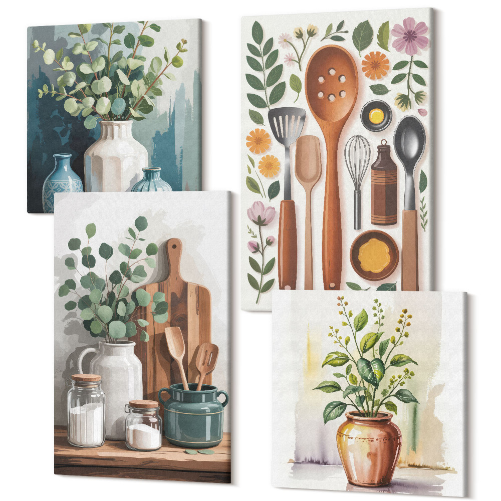 Zestaw obrazów na płótnie kwadryptyk Kuchenne akcesoria z roślinami w stylu nowoczesnym