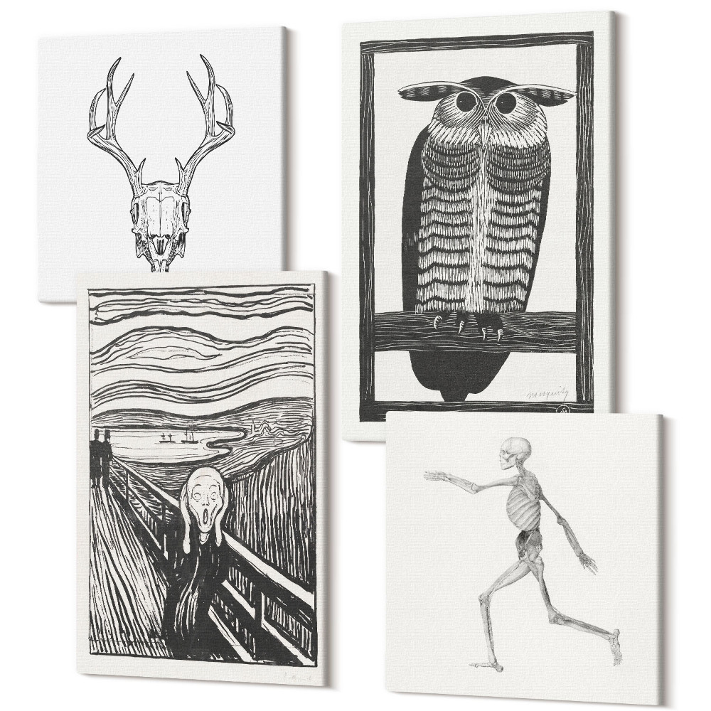 Zestaw obrazów kwadryptyk na ścianę Inspiracja obrazem Krzyk z czaszką i sową w stylu graficznym